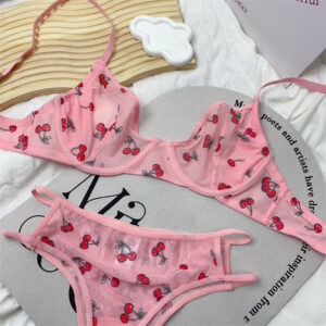 French new sexy lace lingerie set with pink cherry print, thin, comfortable, breathable, boned